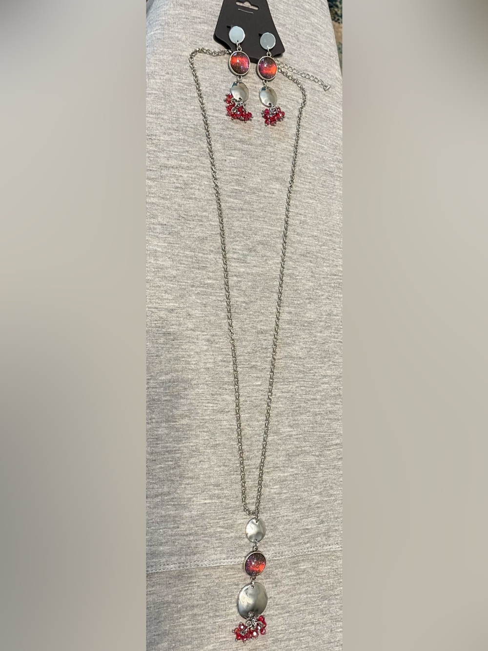 Silver Chain Necklace with Red Celestial Pendant Accents- Matching Earrings